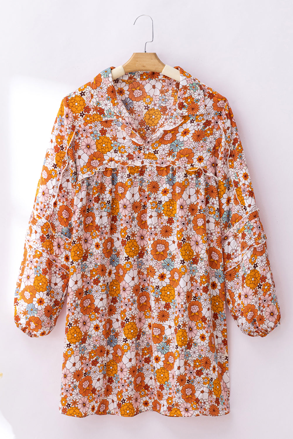 Orange Printed Split Neck Floral Pocketed Shift Dress