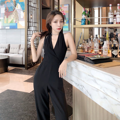 Temperament High-waisted Draped Black Neck Jumpsuit