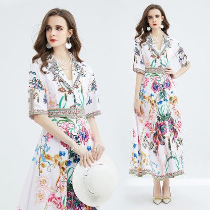 Suit Collar Fashion Printed Lace-up Waist-controlled Large Hem Long Dress