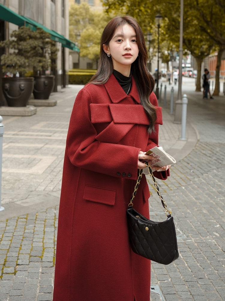 Abrigo de lana con lazo rojo para mujer, abrigo nuevo de otoño e invierno