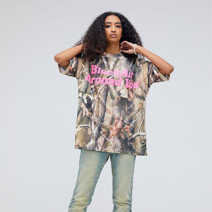 Letter Foamed Print True Leaf Camo Digital Loose Short Sleeve