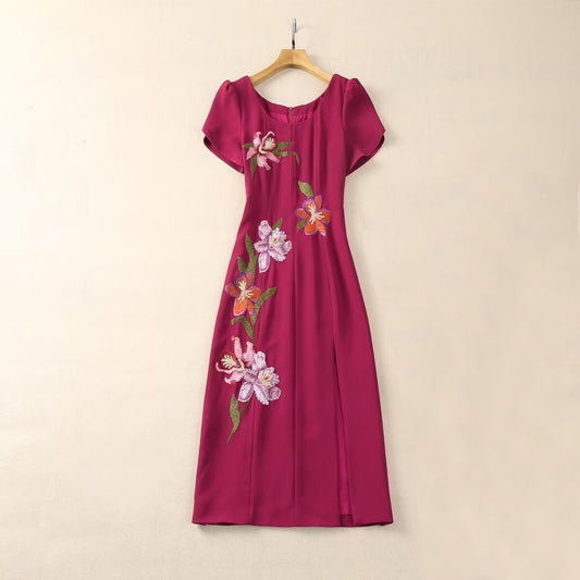 Elegant Short Sleeve Embroidered Slim Fit Mid-length Formal Dress Hip Split Dress