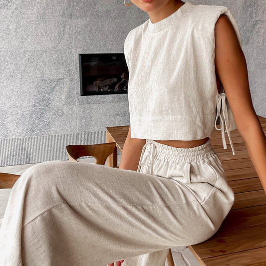 Sleeveless Top And Trousers Fashion Cotton And Linen Suit Women's Clothing