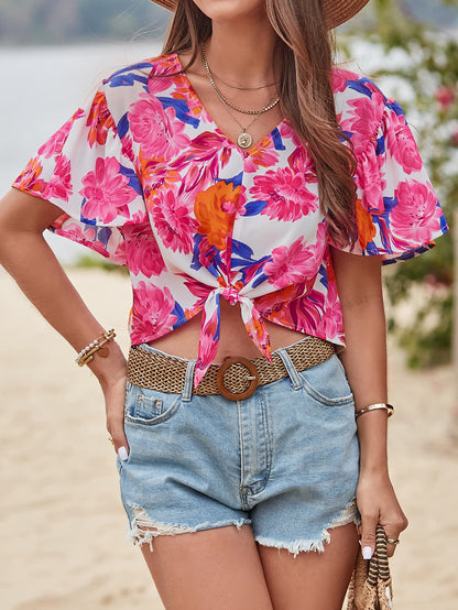 Floral V-Neck Flutter Sleeve Blouse