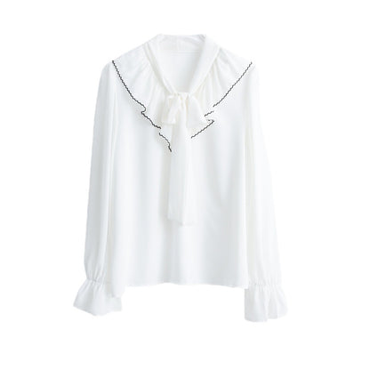 Solid Versatile Color Block For Elegant Banded Chiffon Shirt