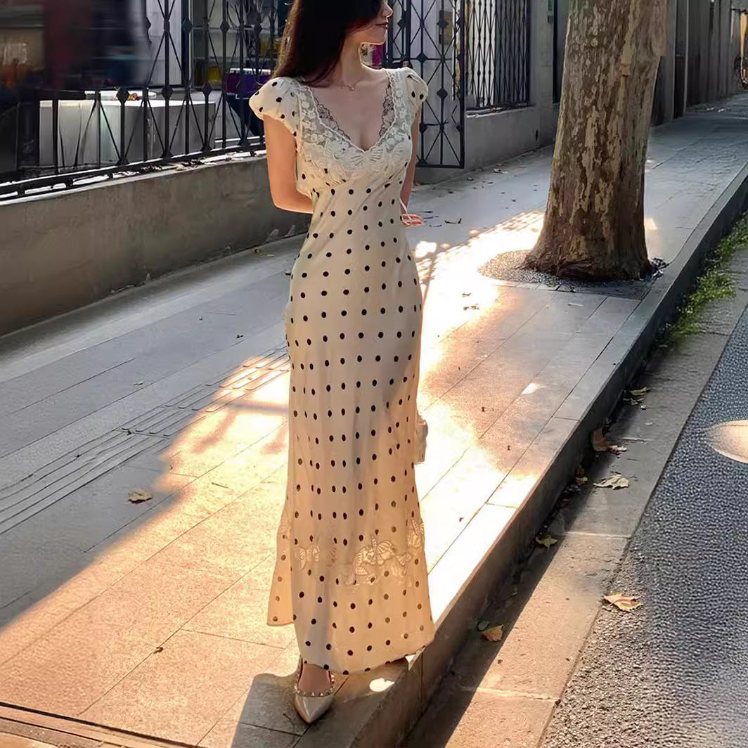 Vestido de lunares con cuello en V de encaje Mujer