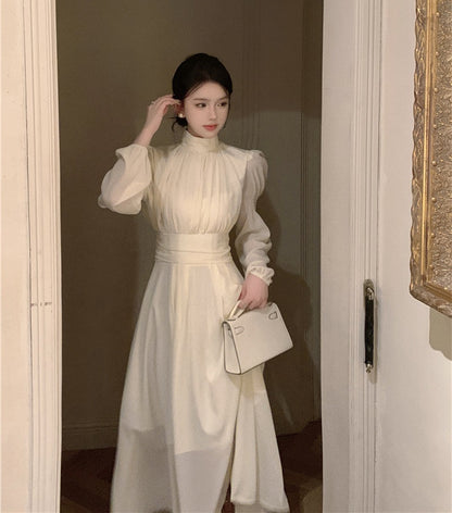 French White Half-high Collar Long Sleeves Dress