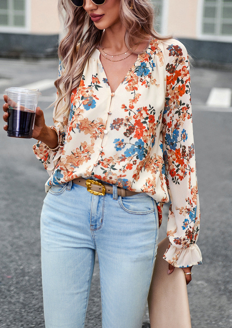 Camisas de manga larga con cuello en V y estampado floral casual para mujer