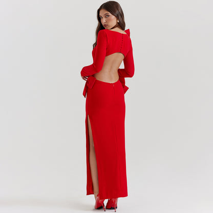 Robe fendue à manches longues et dos nu avec nœud Robe rouge