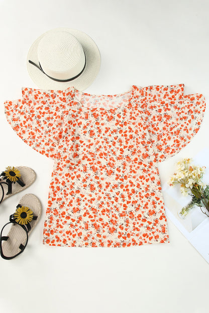 Blusa floral con cuello redondo y manga acampanada