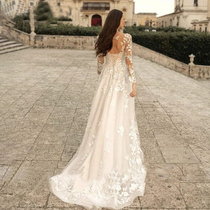 Vestido de novia de manga larga Estilo Mori Nupcial Cuello redondo simple