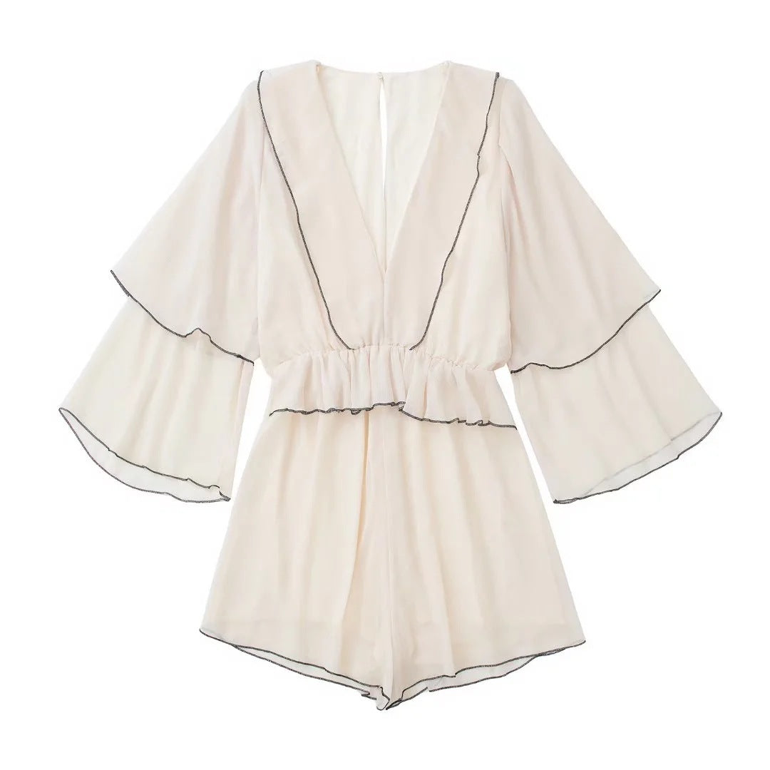 Ruffled Playsuit With V-neck Waist Long