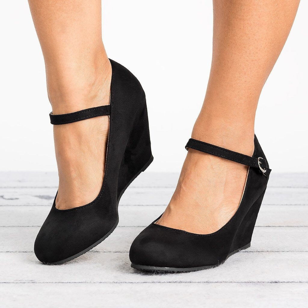 Zapatos de cuña con plataforma y hebilla de tacón alto para mujer en color negro