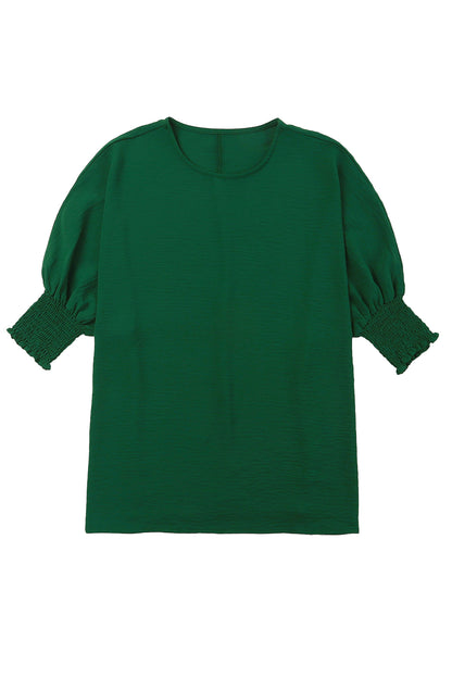 Green Casual Shirred Cuffs Half Sleeve Top