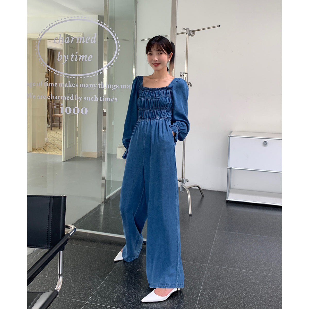 Women's Design Smocked Square Neck Denim Jumpsuit