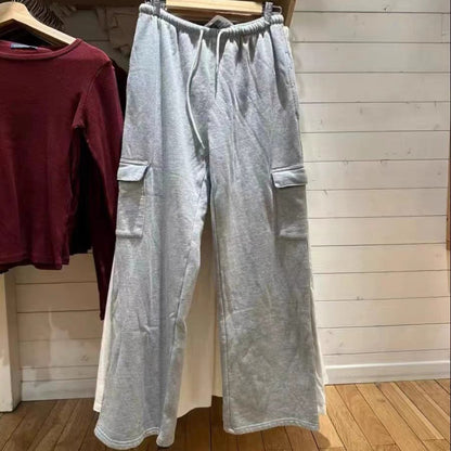 Pantalones de pierna ancha con cordón retro americano, sueltos, de ocio, a juego