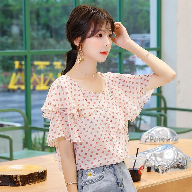 Niche Summer Retro Ruffled Short Sleeved Chiffon Shirt Polka Dot Top