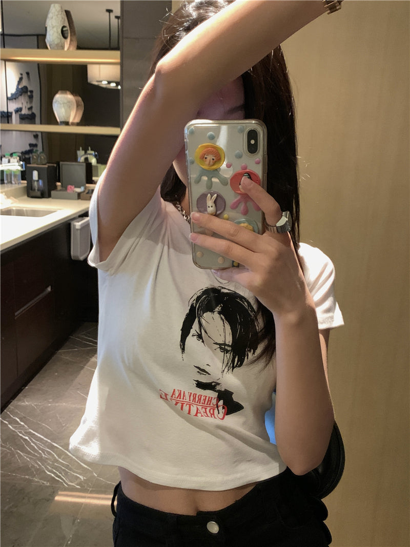 Camiseta de manga corta con ombligo expuesto de algodón Top de cintura alta para mujer