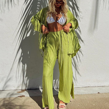 Pleated Shirt Long Sleeve Split Pajamas Two-piece Set