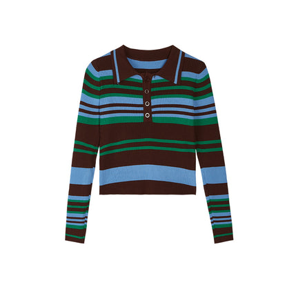 Contrast Stripe Button Lapel Sweater Long Sleeves