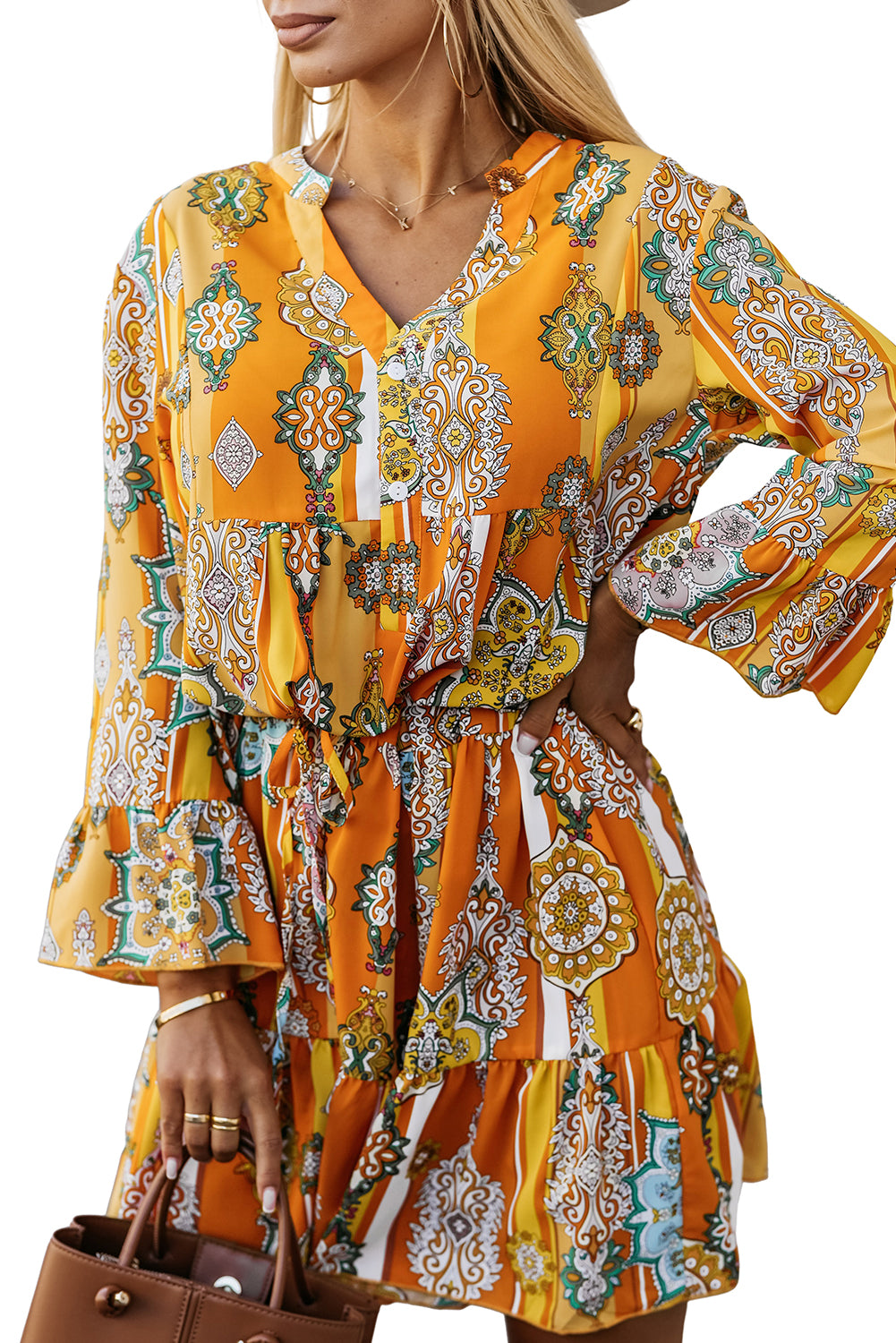 Orange Boho Geometric Print Buttoned V Neck Mini Dress