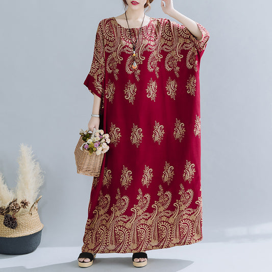 Spring Ethnic Style Plus Size Women's Cotton Silk Robe Loose Dress