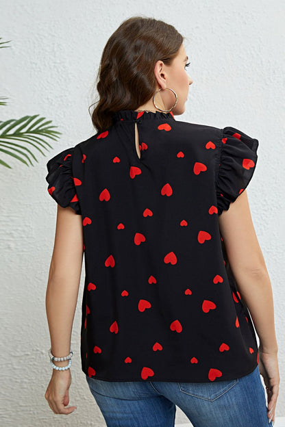 Top con cuello simulado y manga de mariposa con estampado de corazones de talla grande