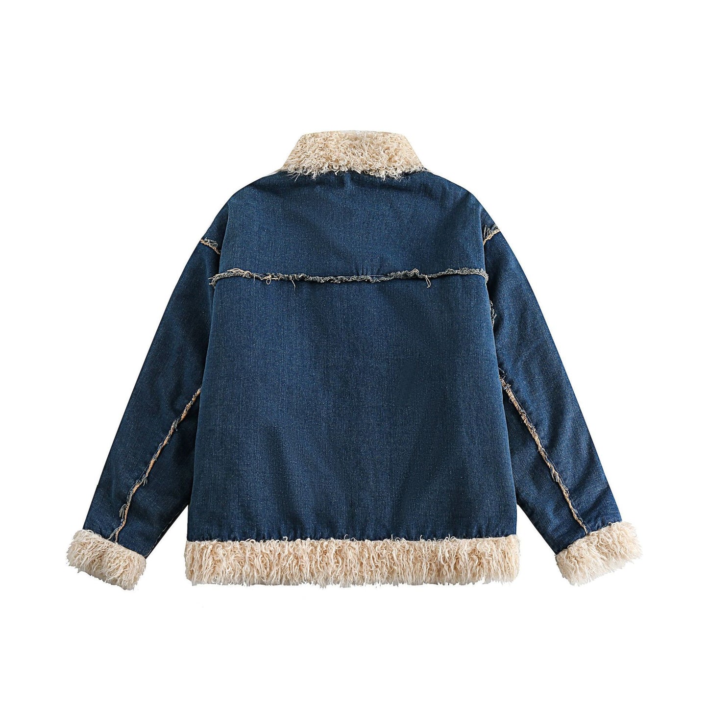 Blue Denim Fur Collar Coat Women's Retro Cotton