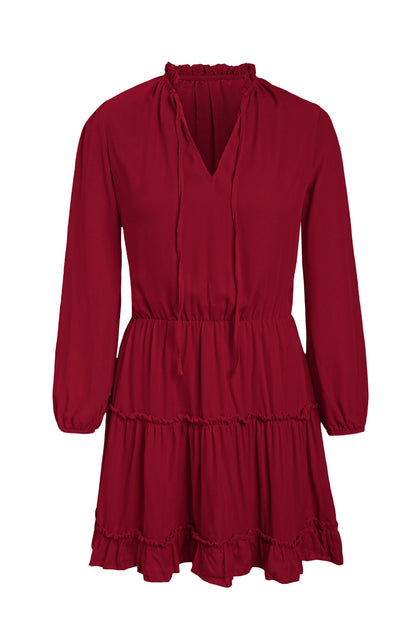 V Neck Long Sleeve Ruffle Tiered Mini Dress