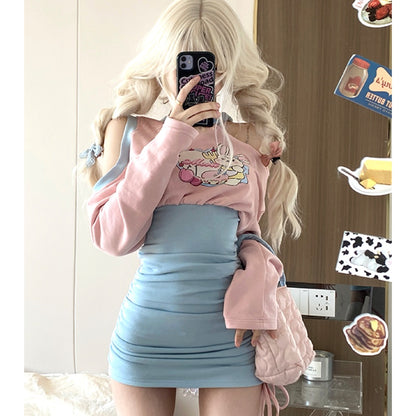 Women's Pink Blue Long Sleeved Slimming Waist Dress