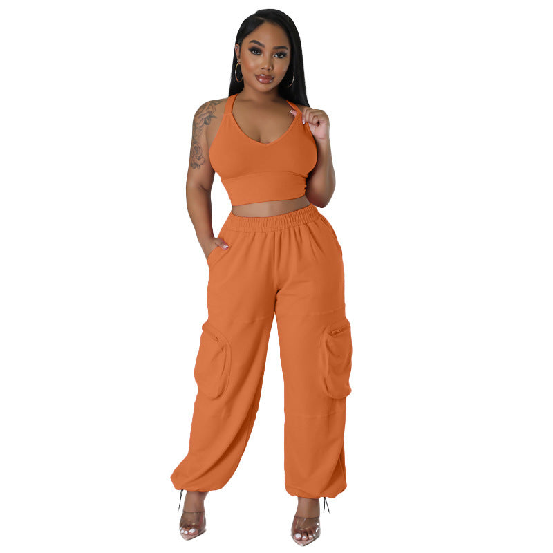 Sleeveless Vest Pocket Wide Leg Pants Casual Women's Two-piece Suit