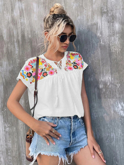 Printed Notched Neck Short Sleeve Blouse