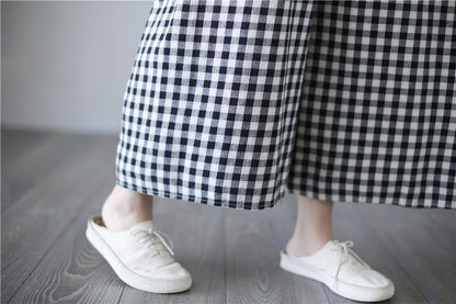 Pantalones con tirantes de lino y algodón a cuadros artísticos para mujer de talla grande de verano