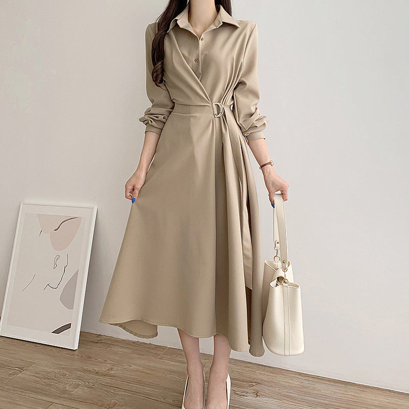 Single-breasted Side Lace-up Waist-controlled Solid Color Below The Knee Long Sleeve Dress