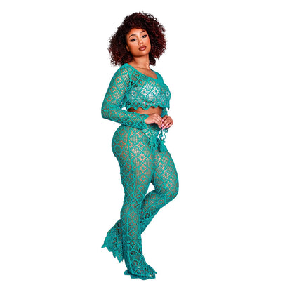 O-neck Short Top Bell-bottom Pants Lace Suit Without Lining