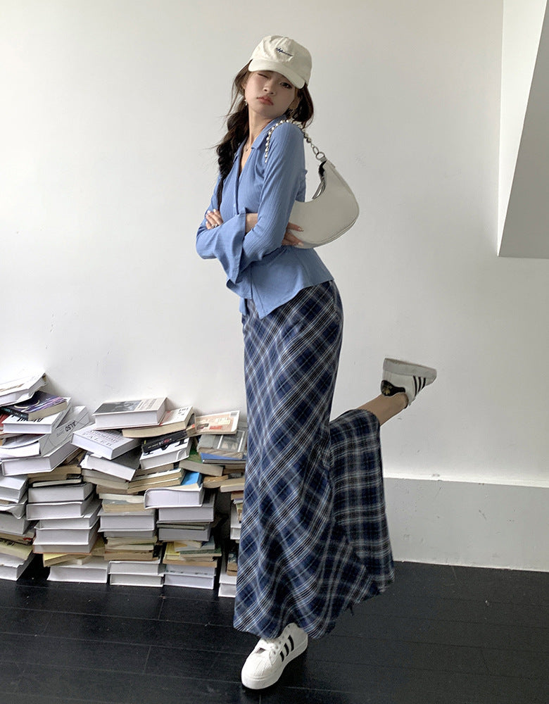 Blue Plaid Skirt Temperament Slim-fit Tall-looking