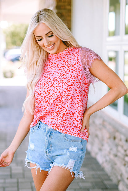 Leopard Print Lace Short Sleeve Blouse