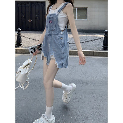 Women's All-match Denim Overalls Shorts Washed Ripped Wide Leg