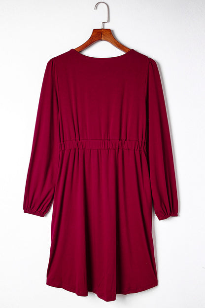 Fiery Red Button Up High Waist Long Sleeve Dress