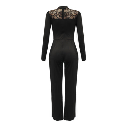 Fashion Solid Color Long Sleeve Stitching Wide Leg Jumpsuit Women