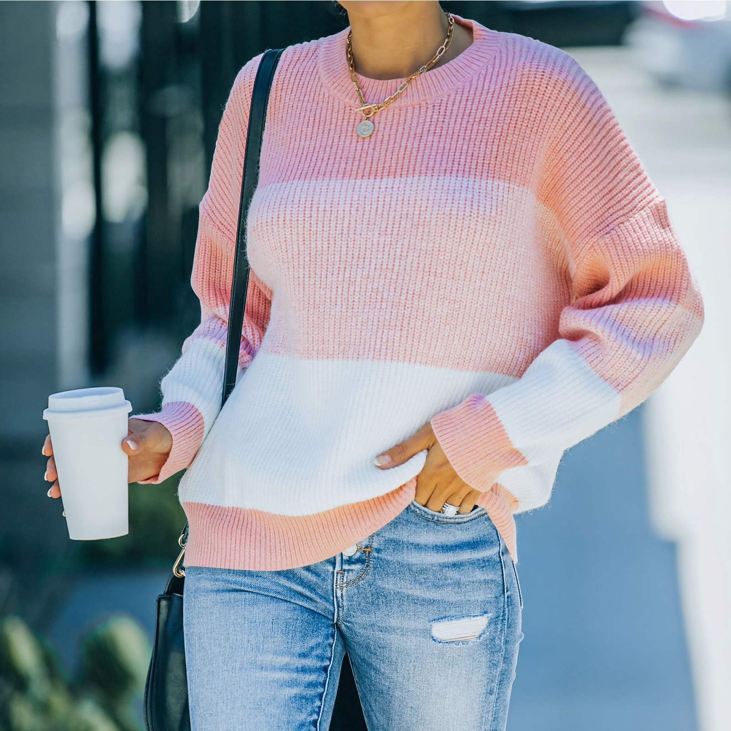 Suéter suelto con contraste y costuras de punto para mujer