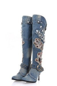 Women's String Beads High-heeled Denim Stiletto Heel