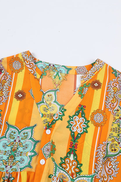 Minivestido estampado geométrico boho con cuello en V abotonado naranja