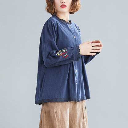 Oversized Embroidered Lace Neck Long Sleeve Shirt