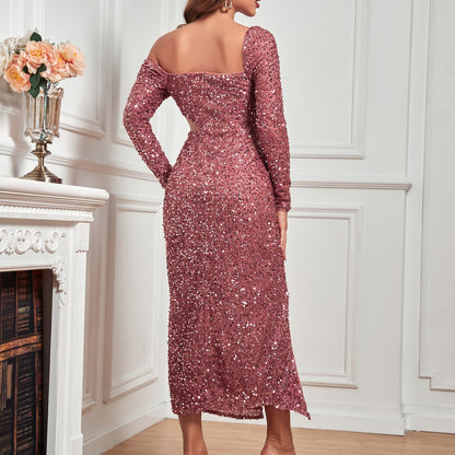 Robe de soirée à paillettes et col carré pour femme