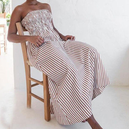 Striped Strapless Dress Pleated High Waist