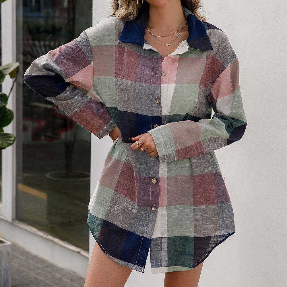 Loose Casual Colorful Plaid Midi Shirt Dress Top