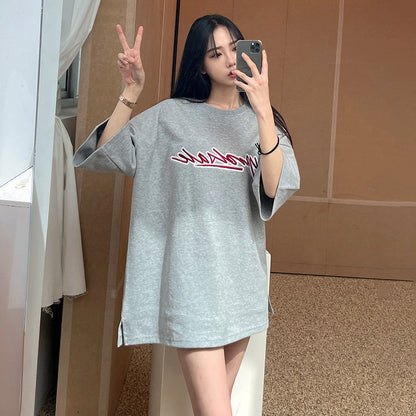 Round Neck Cotton Letter Embroidery Half Sleeve Couple T Shirt