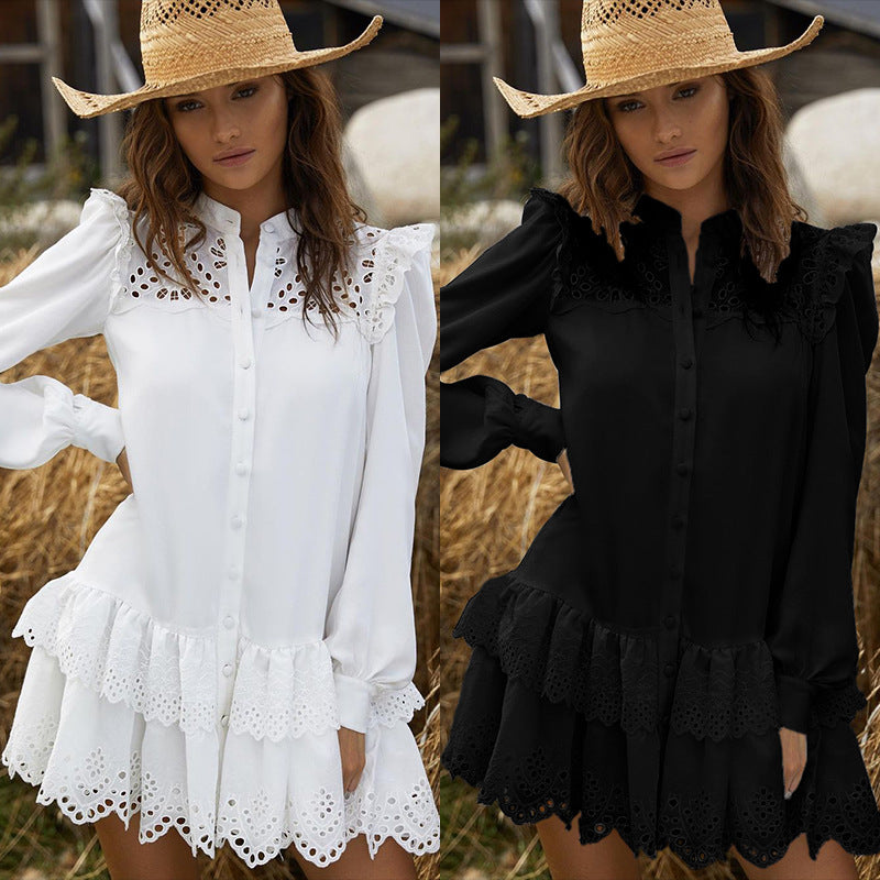 Women's Fashion Hollowed-out Lace Shirt Dress