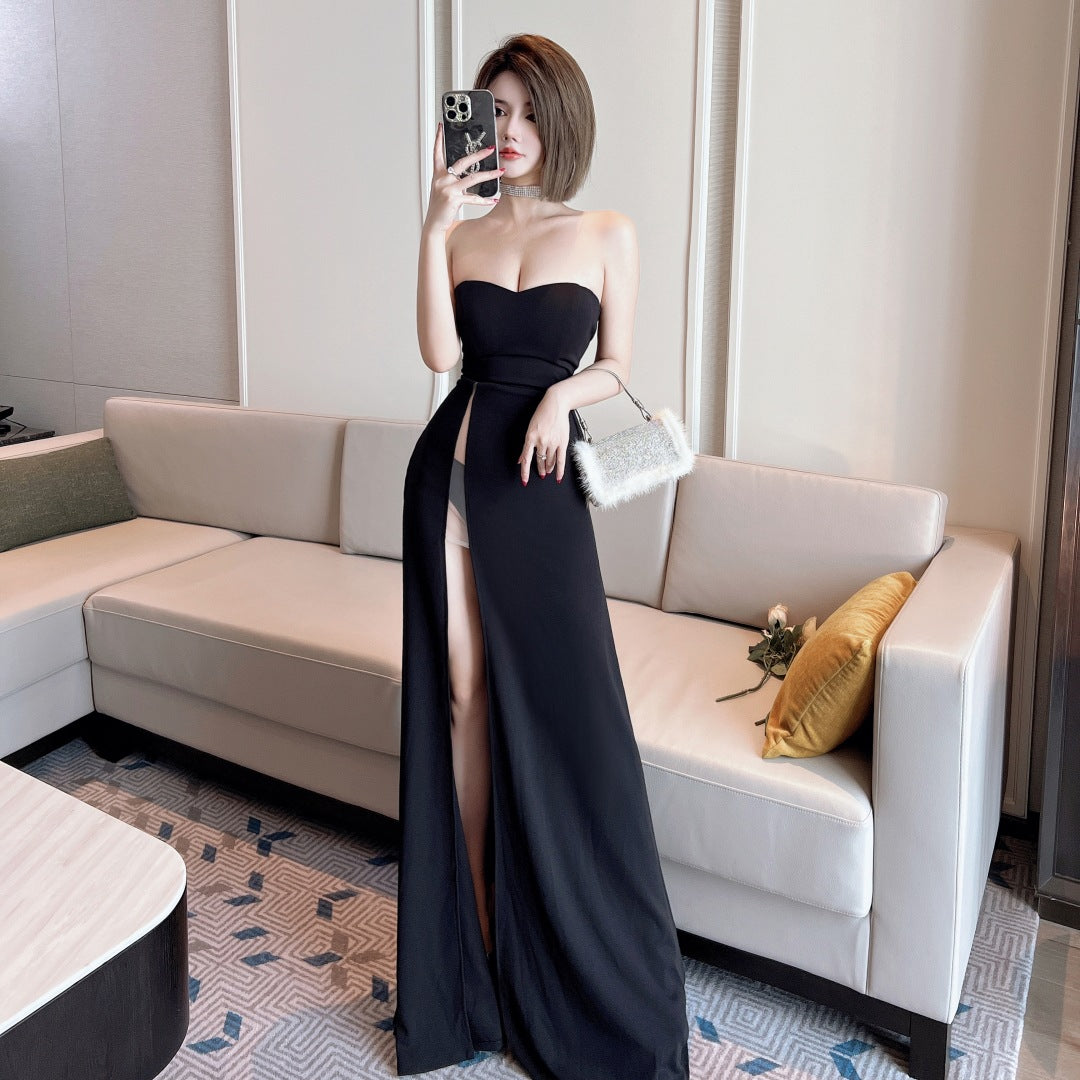 New Graceful Tube Top Long Dress Slim Fit Slimming Banquet Car Model Dress High Slit Leg-exposed Dress